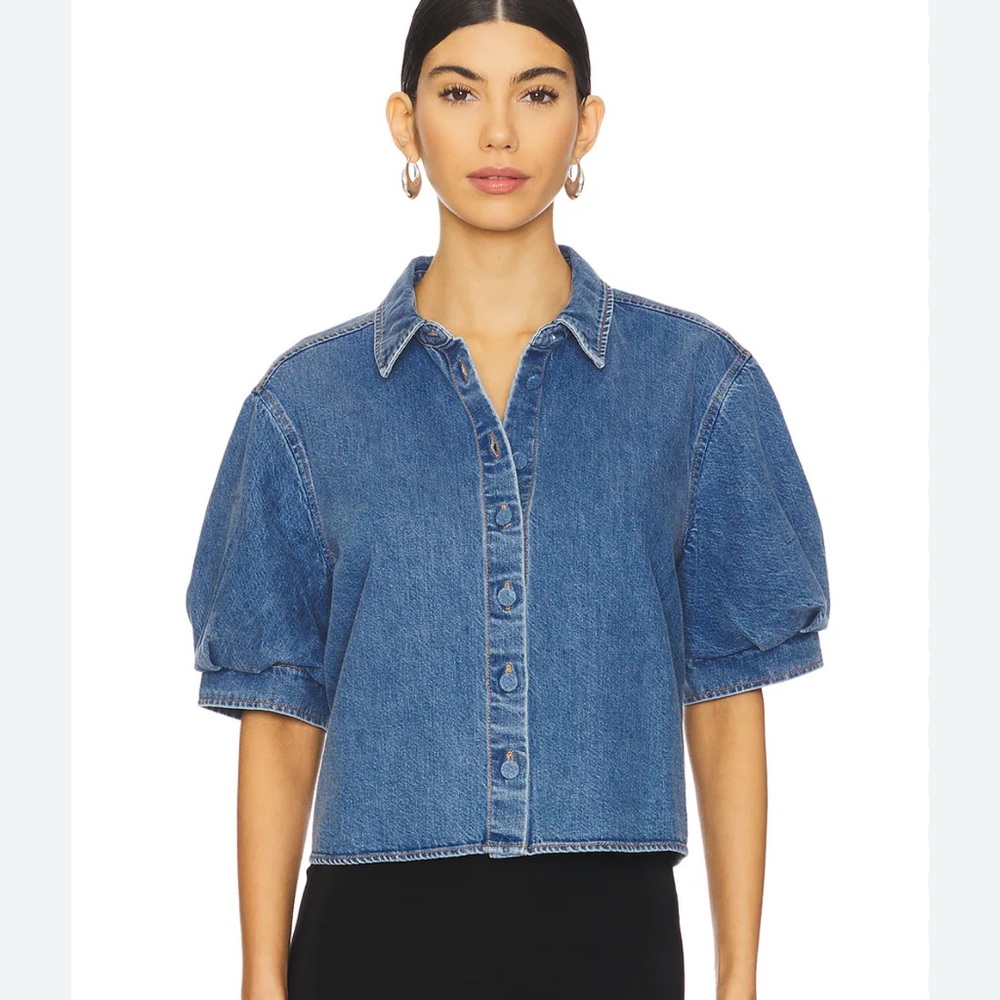 FRAME NEW WITH TAGS Denim Puff Sleeve Button-Up Top